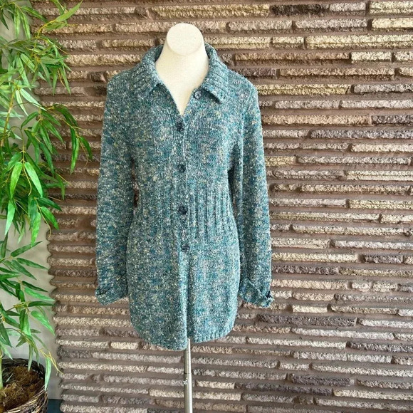 Sigrid Olsen Aqua Blue Marl Tunic Length Cardigan Sweater Size Small - Picture 8 of 8